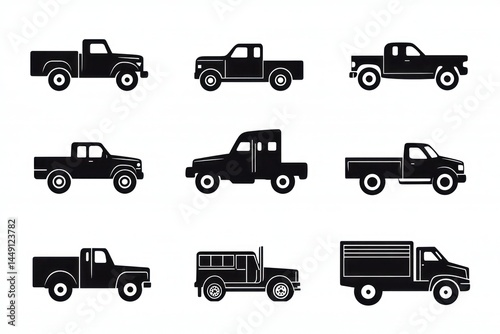 Truck icons, side view, various models, transportation, graphic design