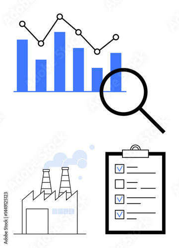 Graph with data points, magnifying glass, factory with smoke, and checklist with marked items. Ideal for business, analysis, industry, statistics, quality control manufacturing simple landing page