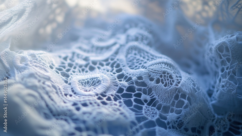 Obraz premium Close-up view of delicate white lace fabric, showcasing intricate patterns and textures. The light softly illuminates the lace, emphasizing its fine details and creating a gentle, ethereal effect. The