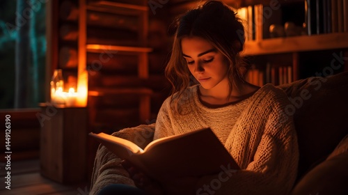 Beautiful girl reading a book in a cozy room with warm candlelight.