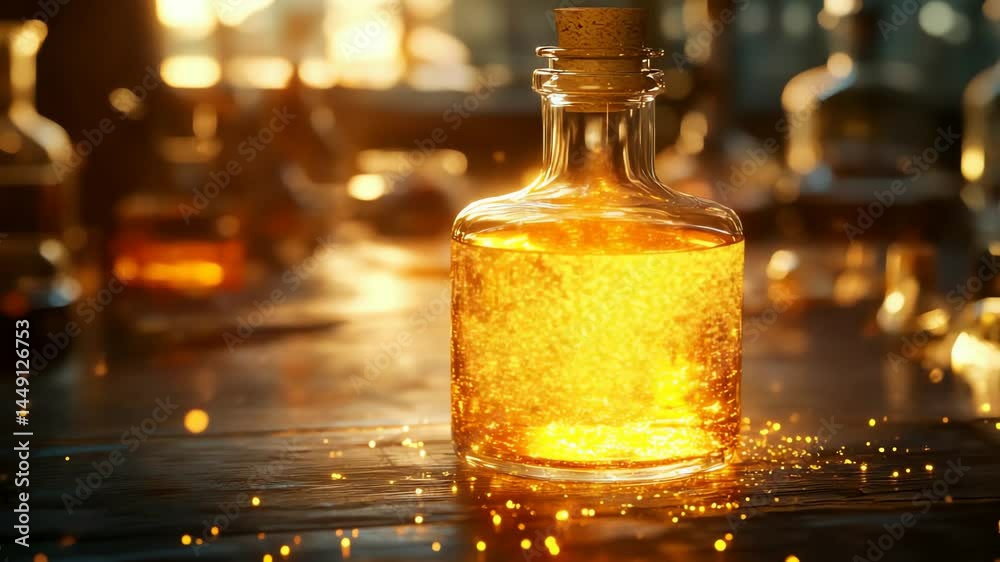 Illuminated glass bottle with golden liquid.