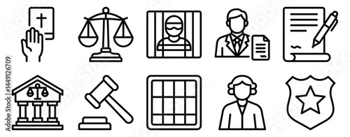 Justice and Law Icon Set Line Style Collection representing legal systems rights and regulations suitable for law firms educational materials and civic awareness campaigns