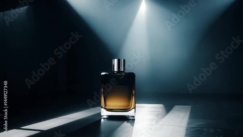 A single bottle of perfume placed under a spotlight on a black table in a dark studio room for a commercial advertisement or product shoot session