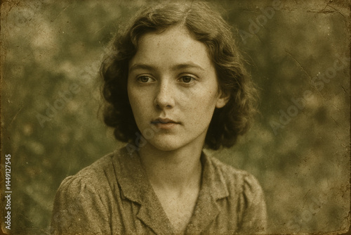 Contemplative young woman in vintage sepia portrait with wavy hair and thoughtful expression