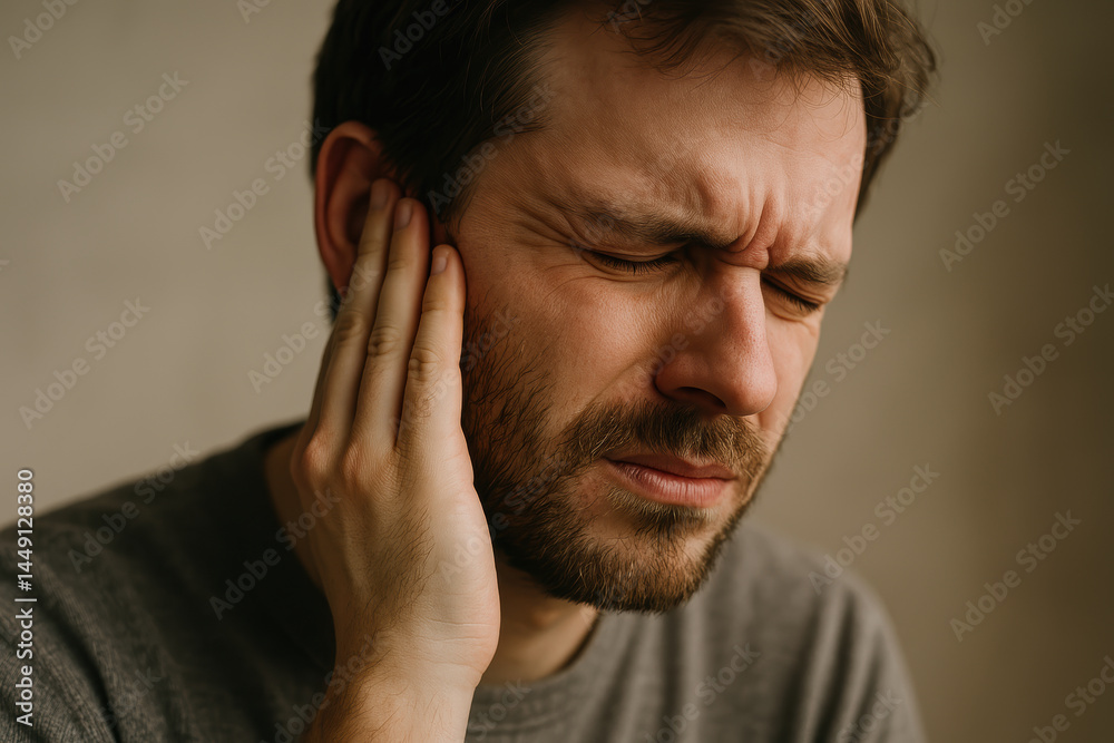 Man experiencing ear pain and discomfort, hands on ear, face showing painful expression Man experiencing ear pain and discomfort, hands on ear, face showing painful expression