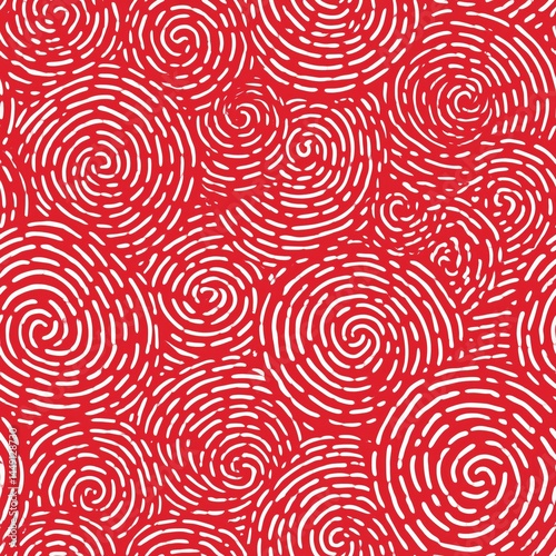 Seamless hand-drawn swirl pattern with white brushstroke spirals on a vibrant red background, ideal for abstract backgrounds, textiles, or digital design.