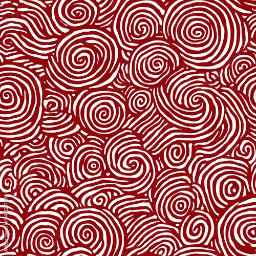 Seamless hand-drawn swirl pattern with white brushstroke spirals on a vibrant red background, ideal for abstract backgrounds, textiles, or digital design.
