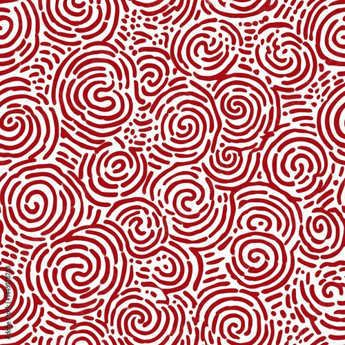 Seamless hand-drawn swirl pattern with white brushstroke spirals on a vibrant red background, ideal for abstract backgrounds, textiles, or digital design.