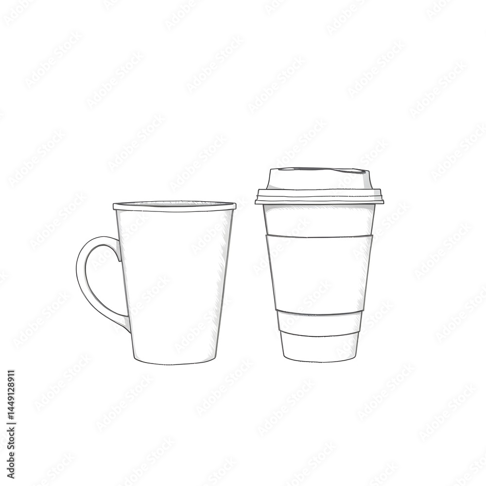 Minimalist line art of a coffee mug and a takeaway cup, side by side on a white background, symbolizing café culture and modern coffee consumption. Minimalist line art of a coffee mug and a takeaway cup, side by side on a white background, symbolizing café culture and modern coffee consumption.