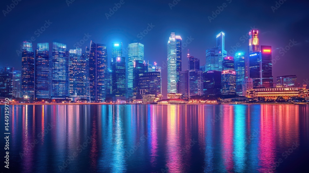 Fototapeta premium Vibrant city skyline reflected in water at night