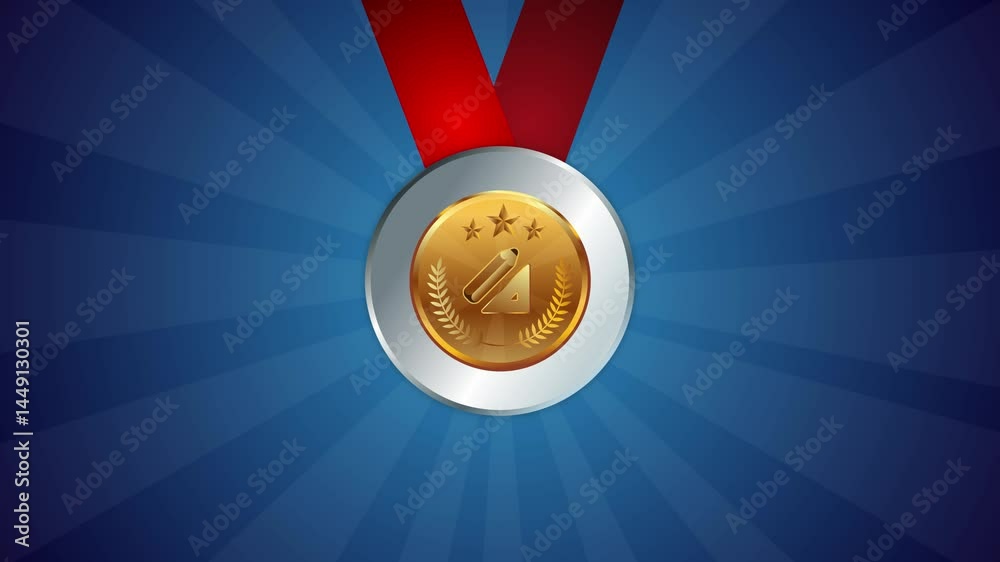 Math mathematics competition medal with ribbon animated gold medals winner champion triangle ruler and pencil symbol shine in front of blue background