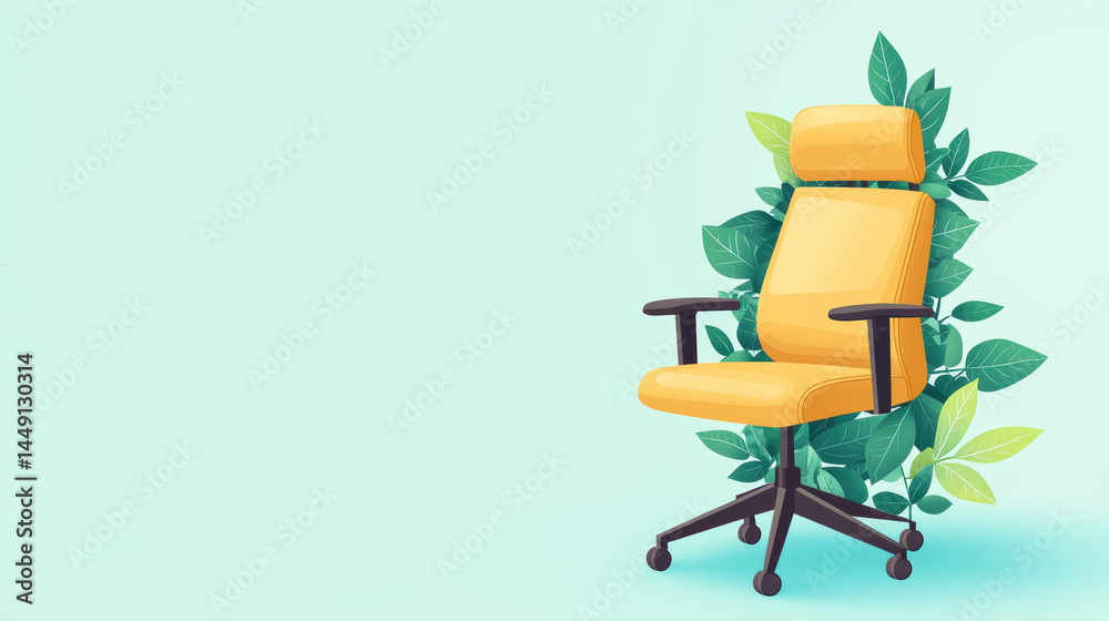 Fototapeta premium Office chair surrounded by green leaves and a pastel background.