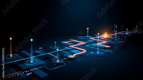 Ai projection showing roadmap to market with glowing milestones and side paths 
