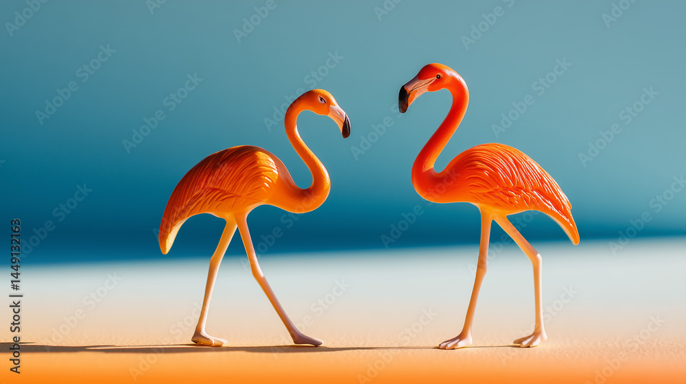 Fototapeta premium Two flamingo figurines on a vibrant surface, symbolizing elegance and simplicity in a bold color palette.