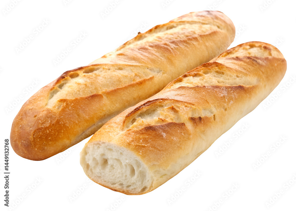 Two French baguettes with golden crust and airy texture isolated on transparent background.
Two French baguettes with golden crust and airy texture isolated on transparent background.