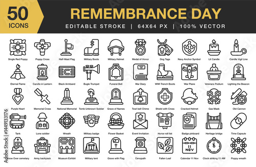 Remembrance Day icon set. Editable Stroke Icon Collection. Includes remembrance, memorial, flower, memory, military, remember, and More. Outline icons vector collection.