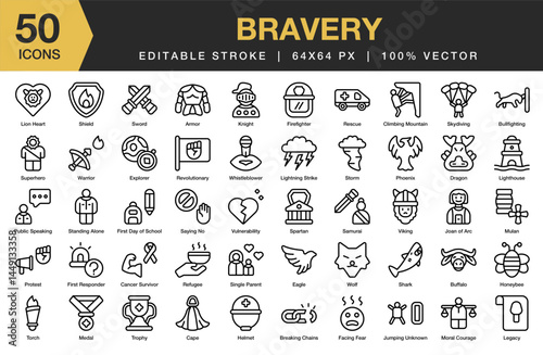 Bravery icon set. Editable Stroke Icon Collection. Includes bravery, courage, brave, people, success, risk, challenge, and More. Outline icons vector collection.