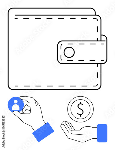 Wallet with clasp, coin in hand, and hand holding user icon, emphasizing money management, financial security, account access, customer focus, digital commerce, budgeting and simple landing page