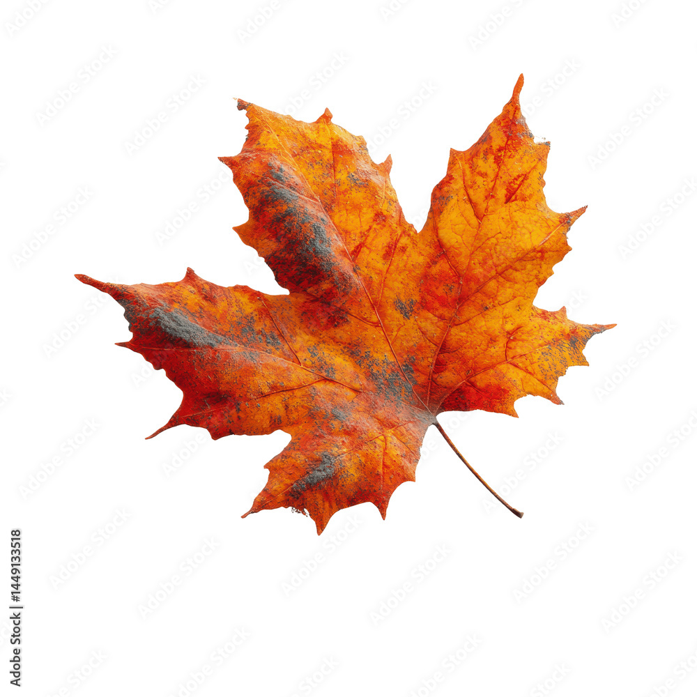 Fototapeta premium Single Autumn Maple Leaf with Dusty Texture, Isolated on Green Transparent background
