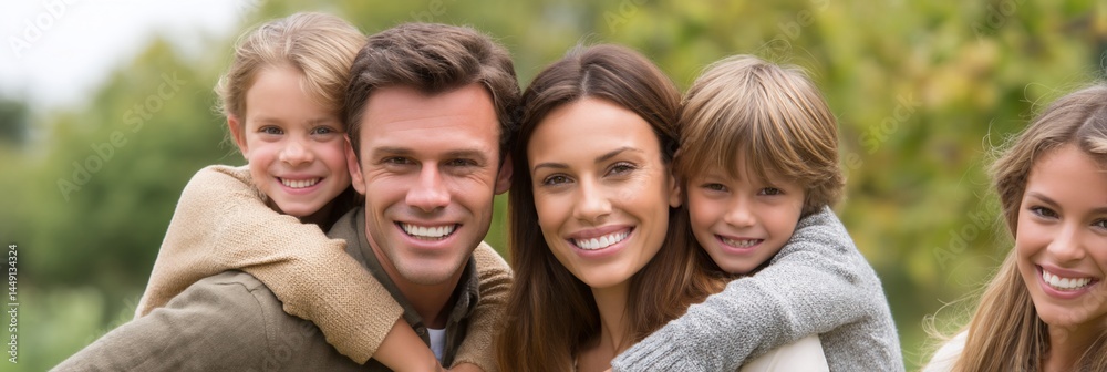 Happy family with children piggyback outdoors, perfect for a family portrait or a joyful moment Happy family with children piggyback outdoors, perfect for a family portrait or a joyful moment