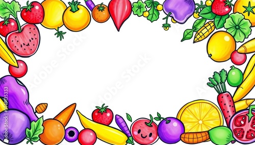 Vibrant crayon-style fruit & veggie border, pastel colors, cartoon doodles, childlike, cute