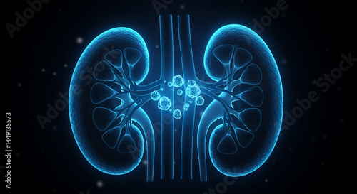 Illuminated kidneys with stones in blue against a dark background in a medical illustration