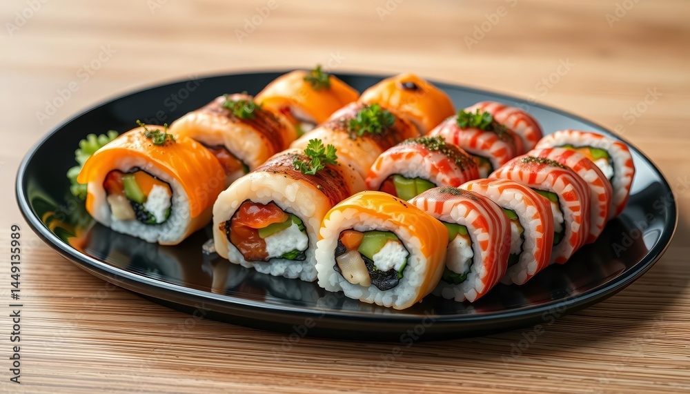 Vibrant fresh sushi rolls artfully arranged on a sleek black plate, japanese, vegetables Vibrant fresh sushi rolls artfully arranged on a sleek black plate, japanese, vegetables