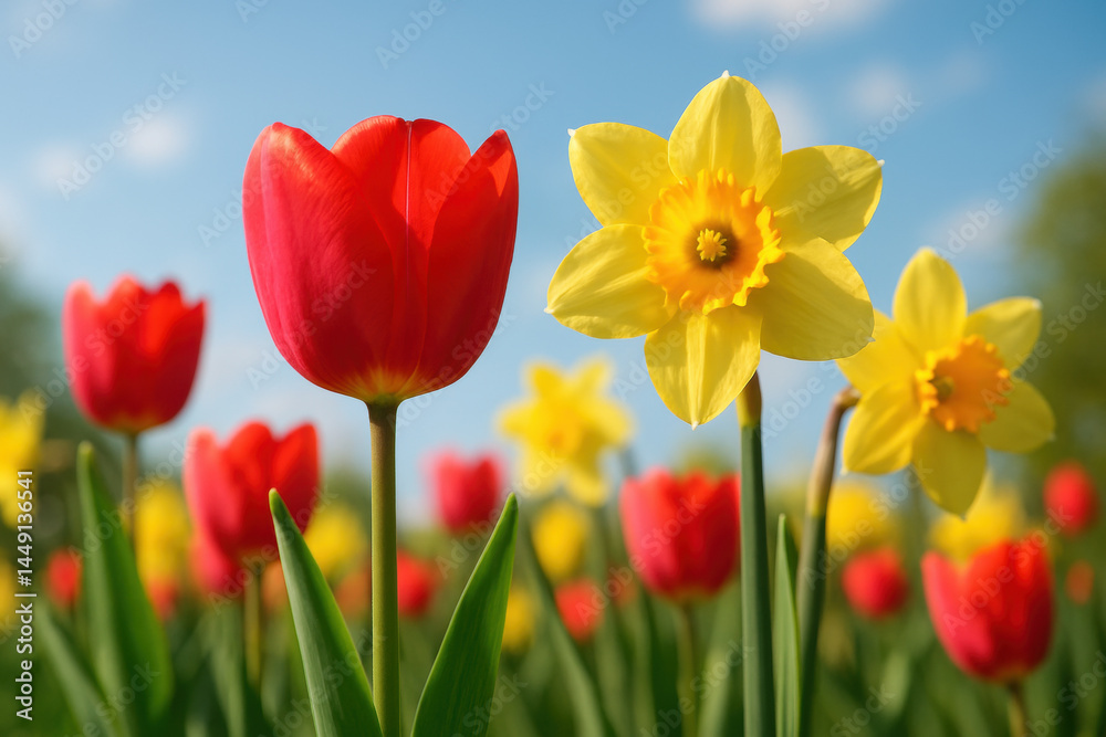 Vibrant red tulips and yellow daffodils blooming in a sunlit spring garden Vibrant red tulips and yellow daffodils blooming in a sunlit spring garden