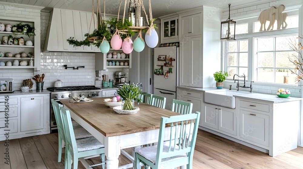 Fototapeta premium Farmhouse Easter Kitchen Decor Pastel Eggs - Farmhouse style