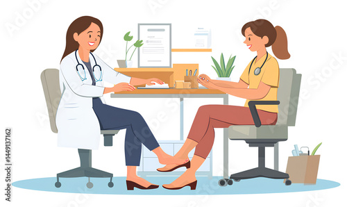  Female doctor showing feet to female patient while smiling and sitting on a desk, transparent background PNG file 