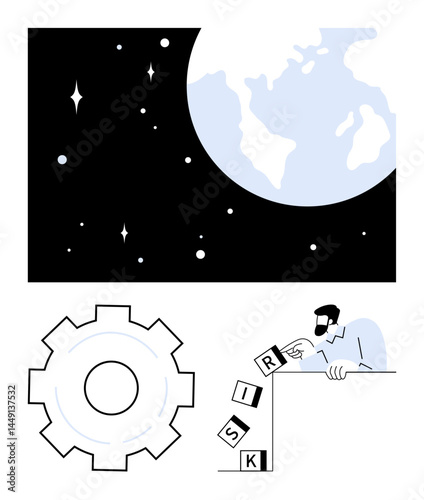 Man arranges blocks spelling risk near a ledge, symbolizing strategic planning. Includes a gear mechanism, Earth, and stars. Ideal for strategy, decision-making, innovation, space engineering