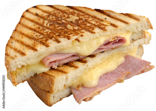 Toasted sandwich halves with melted cheese, ham, fresh lettuce, and tomato, served between golden-brown grilled bread slices, isolated on transparent background.