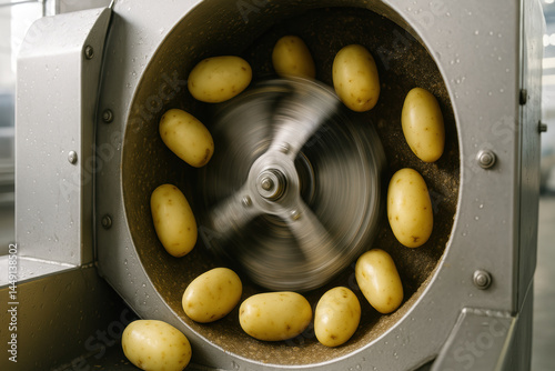 Potatoes rotating in industrial peeling machine for processing