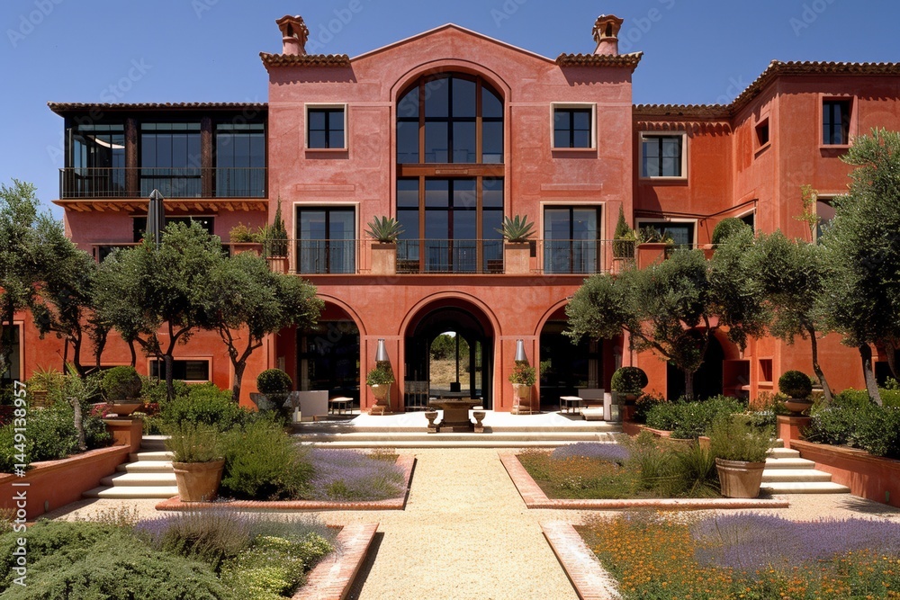 Fototapeta premium Elegant building with garden and archway in a sunny setting.