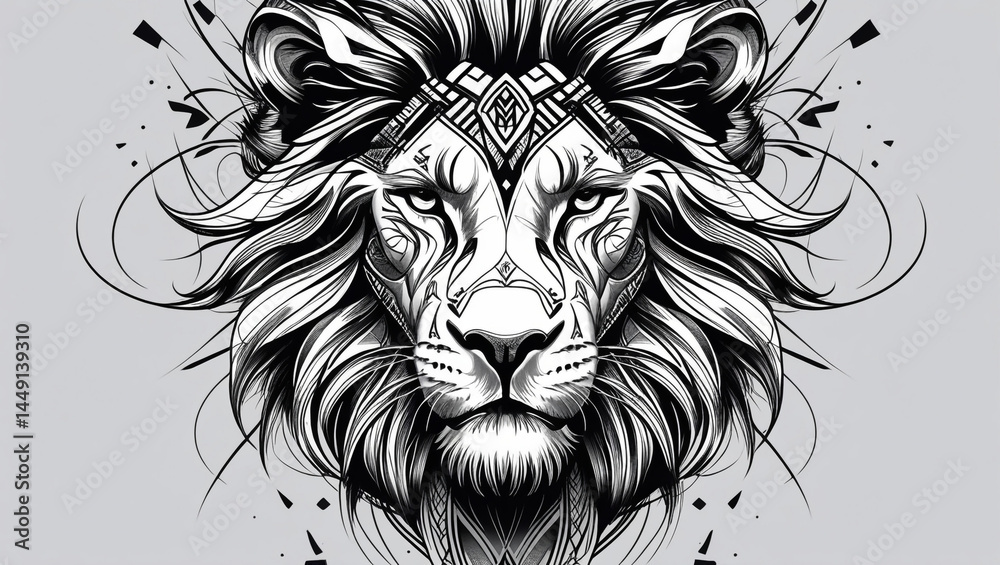 Obraz premium Majestic lion head in tribal tattoo style, black vector line art, symmetrical and bold design, isolated on a white background
