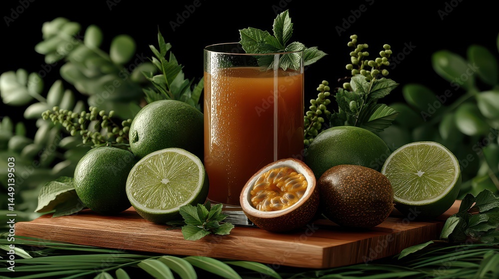 Fototapeta premium Fresh passion fruit and lime juice beverage display.