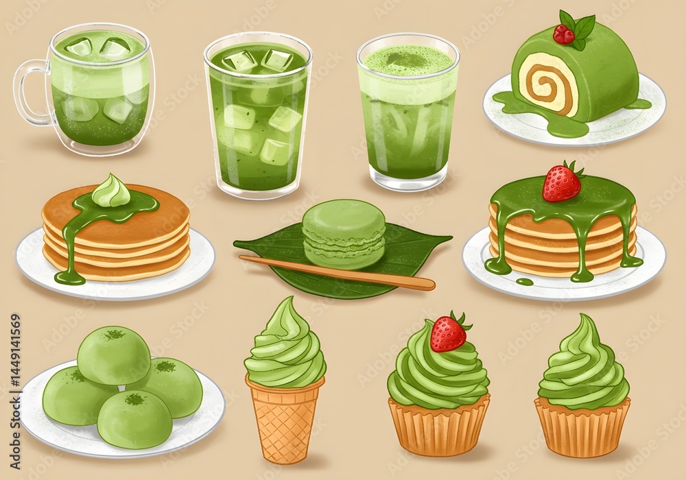 Fototapeta premium Delicious Matcha Desserts and Drinks Iced Matcha Latte, Pancakes, Macarons, Roll Cake, Cupcakes, and Ice Cream.