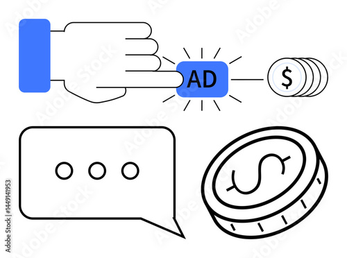 Hand clicking ad button, dollar coins, speech bubble, and currency icon. Ideal for digital marketing, online sales, business strategy, communication, pay-per-click e-commerce simple landing page