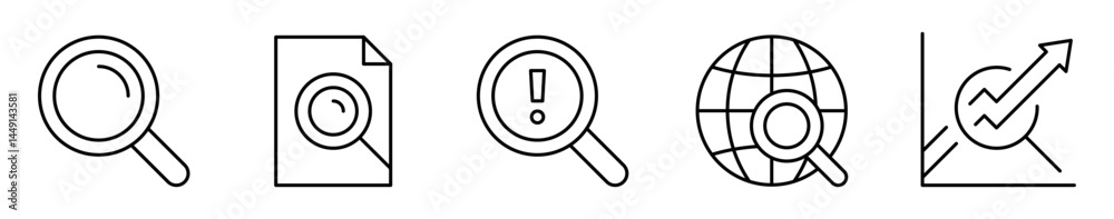 Conjunto de iconos de búsqueda. Lupa, análisis, documento, exploración, datos. Ilustración vectorial