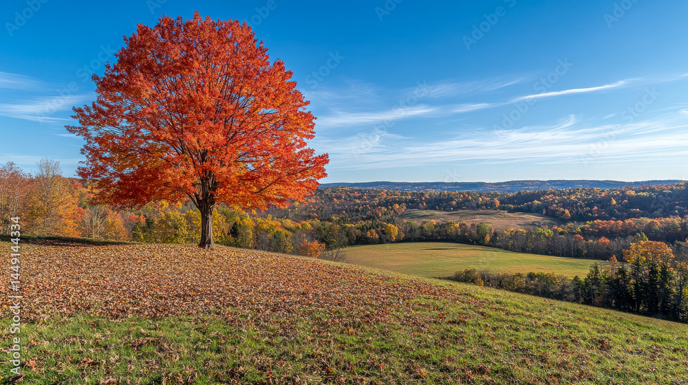 Naklejka premium [Autumn Tree Landscape Photography] Vibrant Autumn Tree against Clear Blue Sky, Colorful Fall Landscape with Mountain Horizon