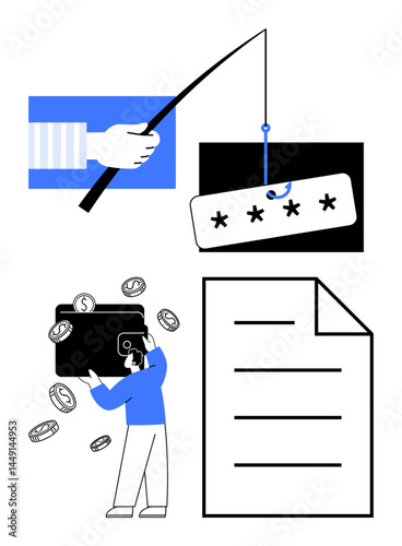 Fishing rod with password, wallet spilling cash, and document highlighting digital security risks. Ideal for cyberattack awareness, phishing scams, password safety, online fraud prevention