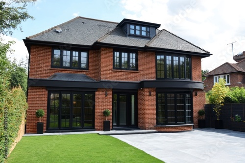 Modern Brick House Exterior with Black Window Frames and Green Lawn