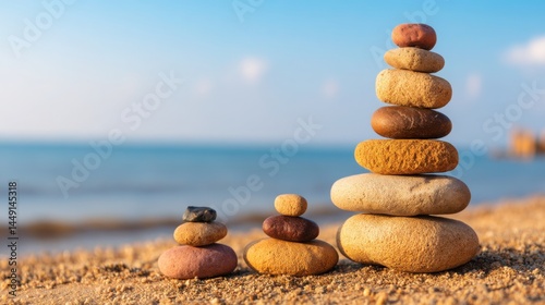 Serene stack of rocks on the beach reflecting nature's balance and symmetry in a tranquil coastal environment