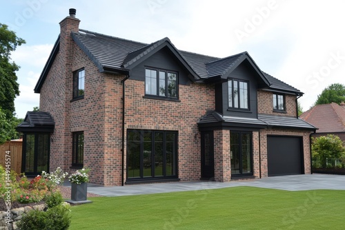 Exterior View of Brick House with Black Trim and Green Lawn