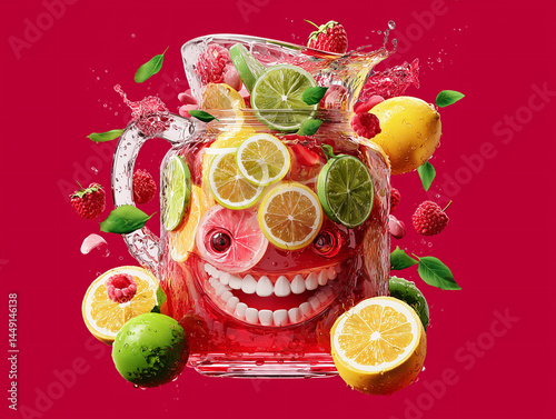 Cheeky fruit punch pitcher with smile and splashes, red background, copy space..