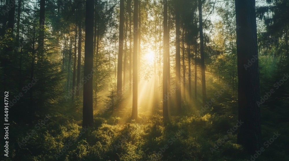 Fototapeta premium Sunlight shining through trees in a lush green forest