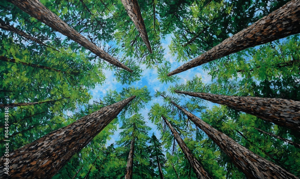 Obraz premium Looking up at tall trees in a dense forest, vibrant green canopy, and partly cloudy sky; nature backdrop