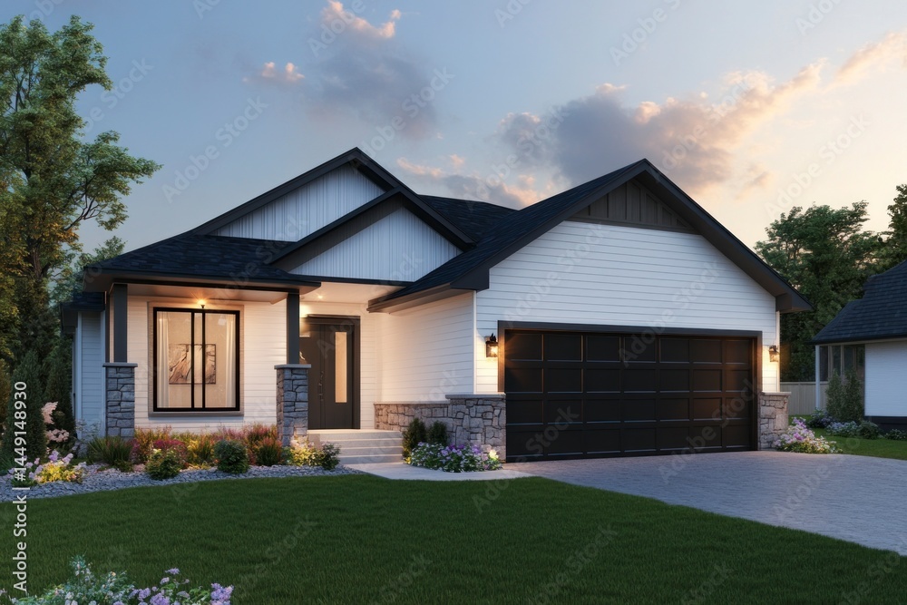 Modern White House with Dark Garage Door at Dusk Exterior View
