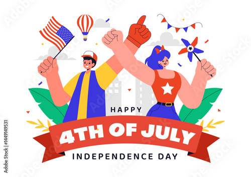 4th of July Happy Independence Day USA Vector Illustration featuring the American Flag and Balloons for National Holiday Celebration Background