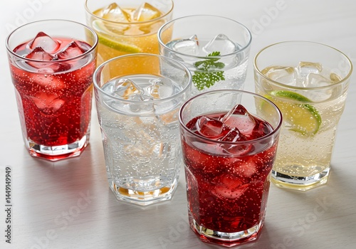 Refreshing Drinks Sparkling Beverages with Ice, Citrus Slices, and Herbs in Glasses.